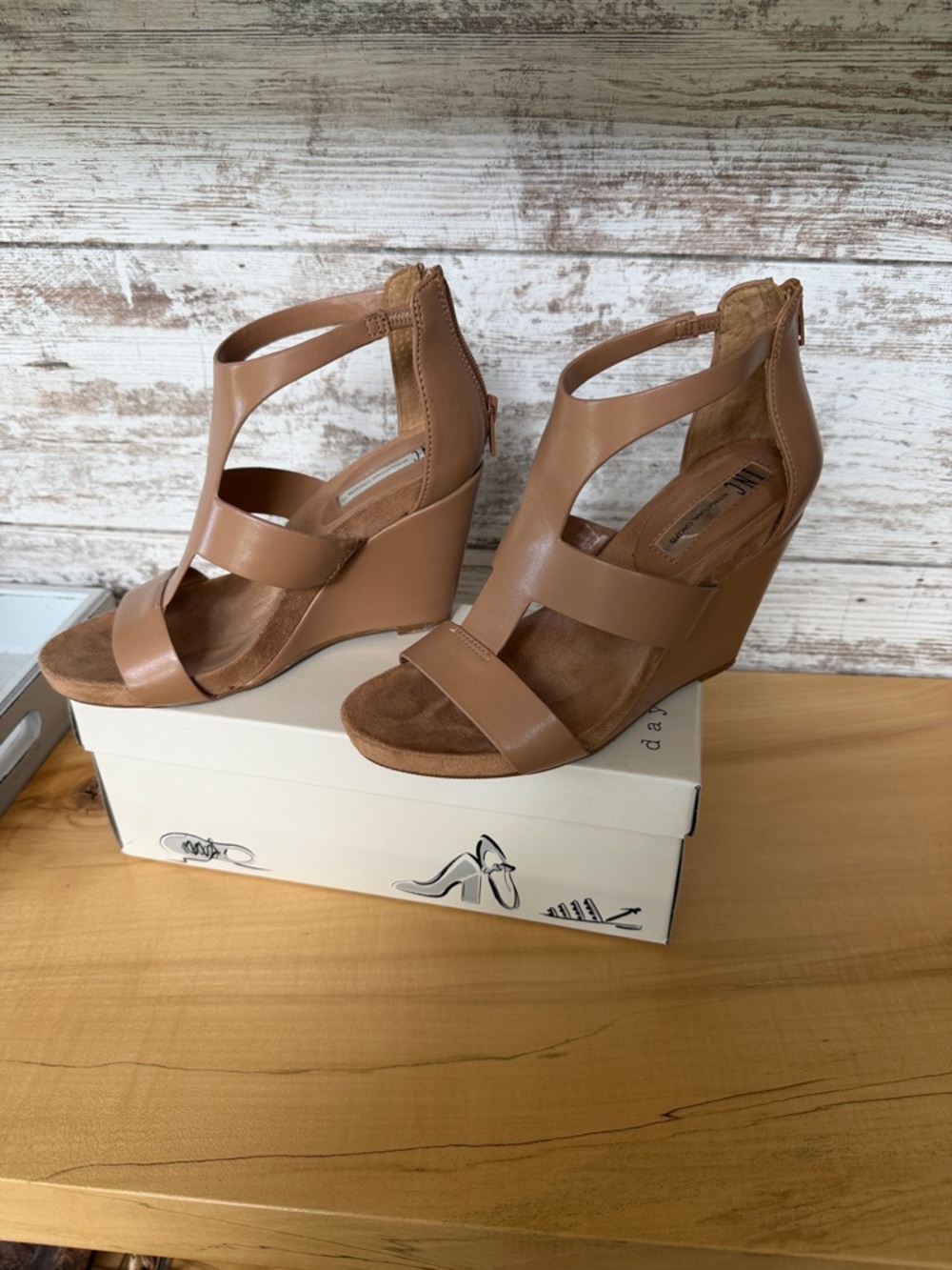 INC International Concepts Tan Strappy Wedge Sandals